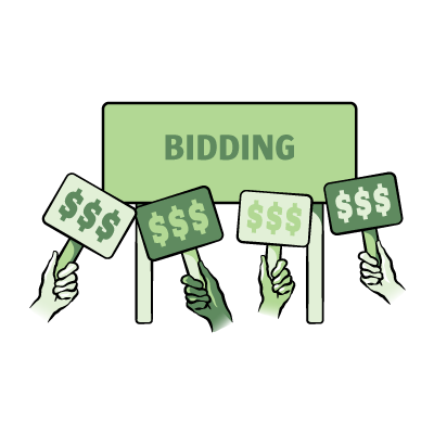Sign that says 'bidding' surrounded by hands holding bidding cards