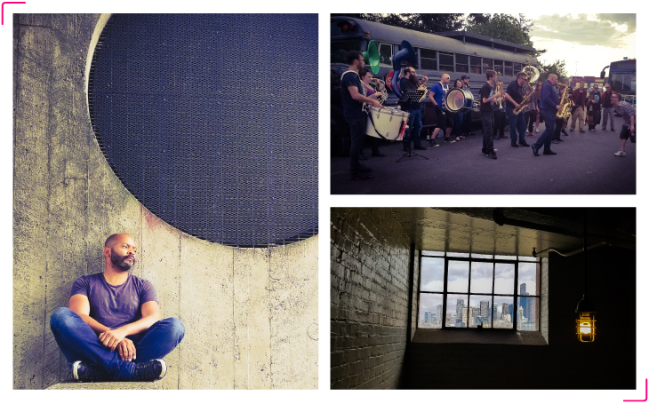 We can find love of place, that feeling of connection to where we live, in the most random of moments: glimpsing the Seattle skyline from the historic Bemis art-loft building during one of its open houses (bottom right), contemplating the murals depicting African-American culture and politics at the Medgar Evers Pool in the Central District (left) or stumbling on the Chaotic Noise Marching Corps jamming in a parking lot by Seattle's shipping port (top right).
