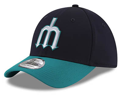 A Mariners cap with the upside-down trident