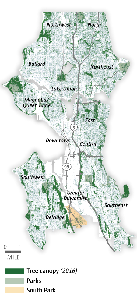 Map showing tree canopy coverage of Seattle