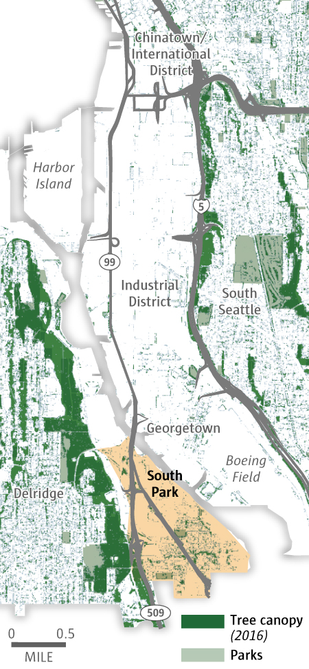 Map showing tree canopy coverage of South Park and surrounding areas