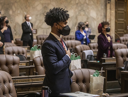 What a great moment at the Washington state Capitol, to see and photograph newly elected state Rep. Jesse Johnson from District 30 at the beginning of the 2021 session. Legislators had to spread out and socially distance, some of them in the galleries above, as the session opened.