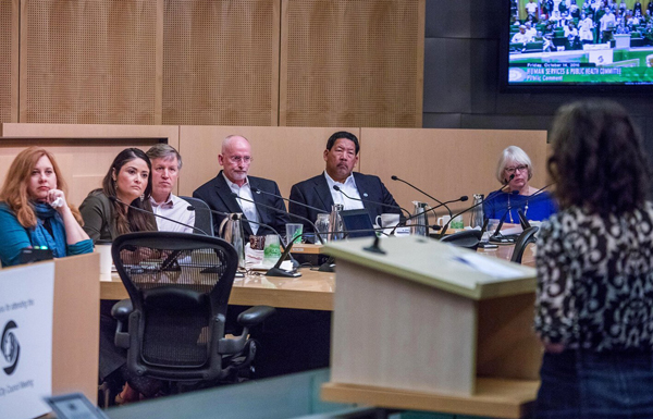 Seattle City Council members listen to public comments during a 2016 hearing on a proposal to allow homeless people to camp in public spaces. From left, Lisa Herbold, M. Lorena González, Mike O’Brien, Tim Burgess, Bruce Harrell, Sally Bagshaw.