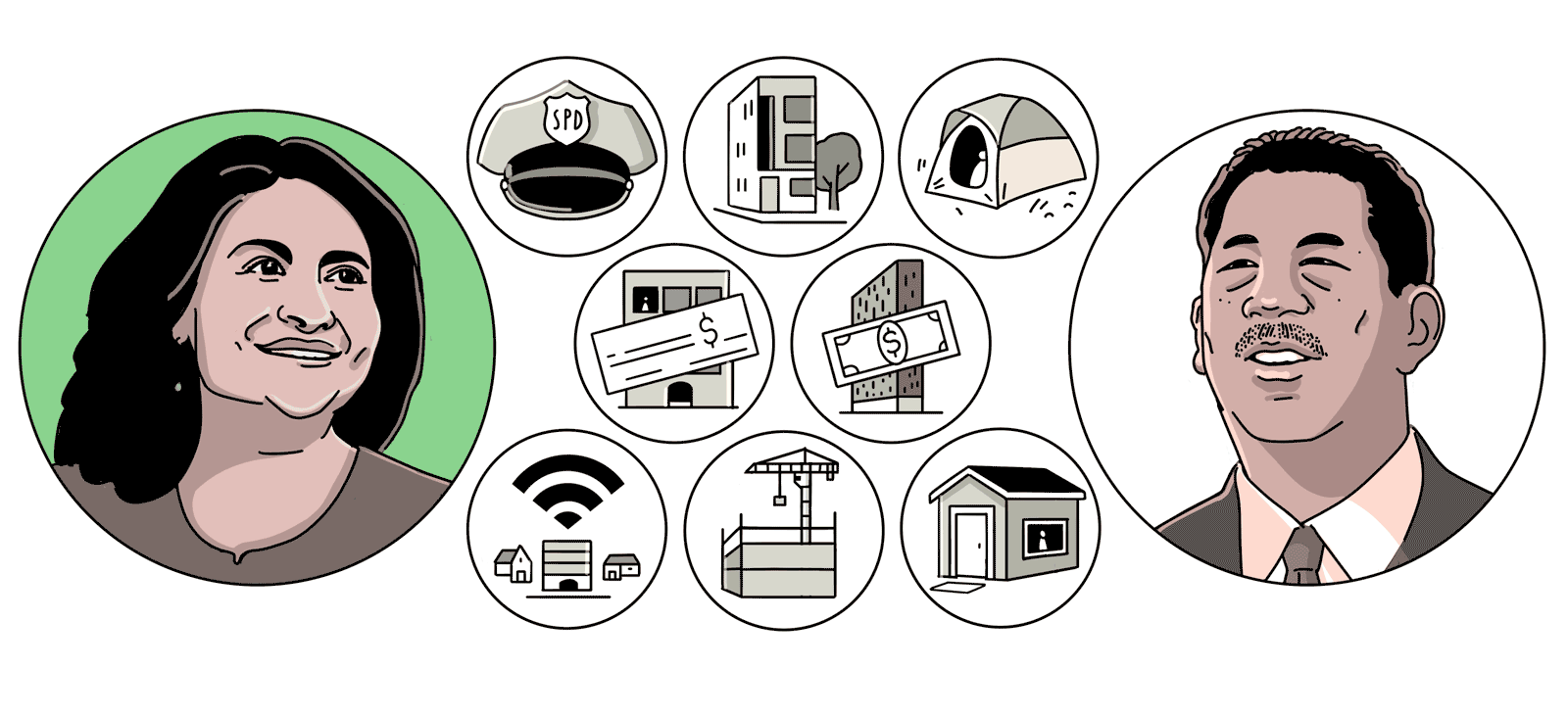 illustration showing icons of quiz question topics and candidates