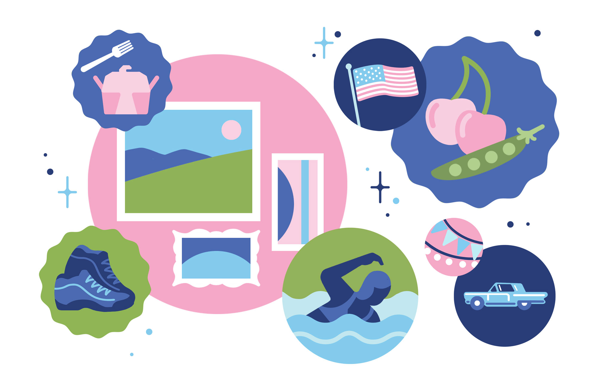 Illustration of icons representing aquatic activities, arts, exhibits and expos, exercise, festivals and parades, food and drink, fourth of July, markets and more.