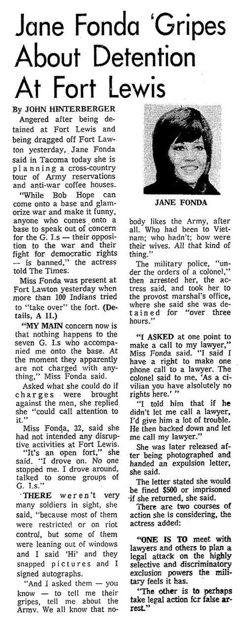 an archive version of a story titled 'Jane Fonda 'Gripes About Detention at Fort Lewis'