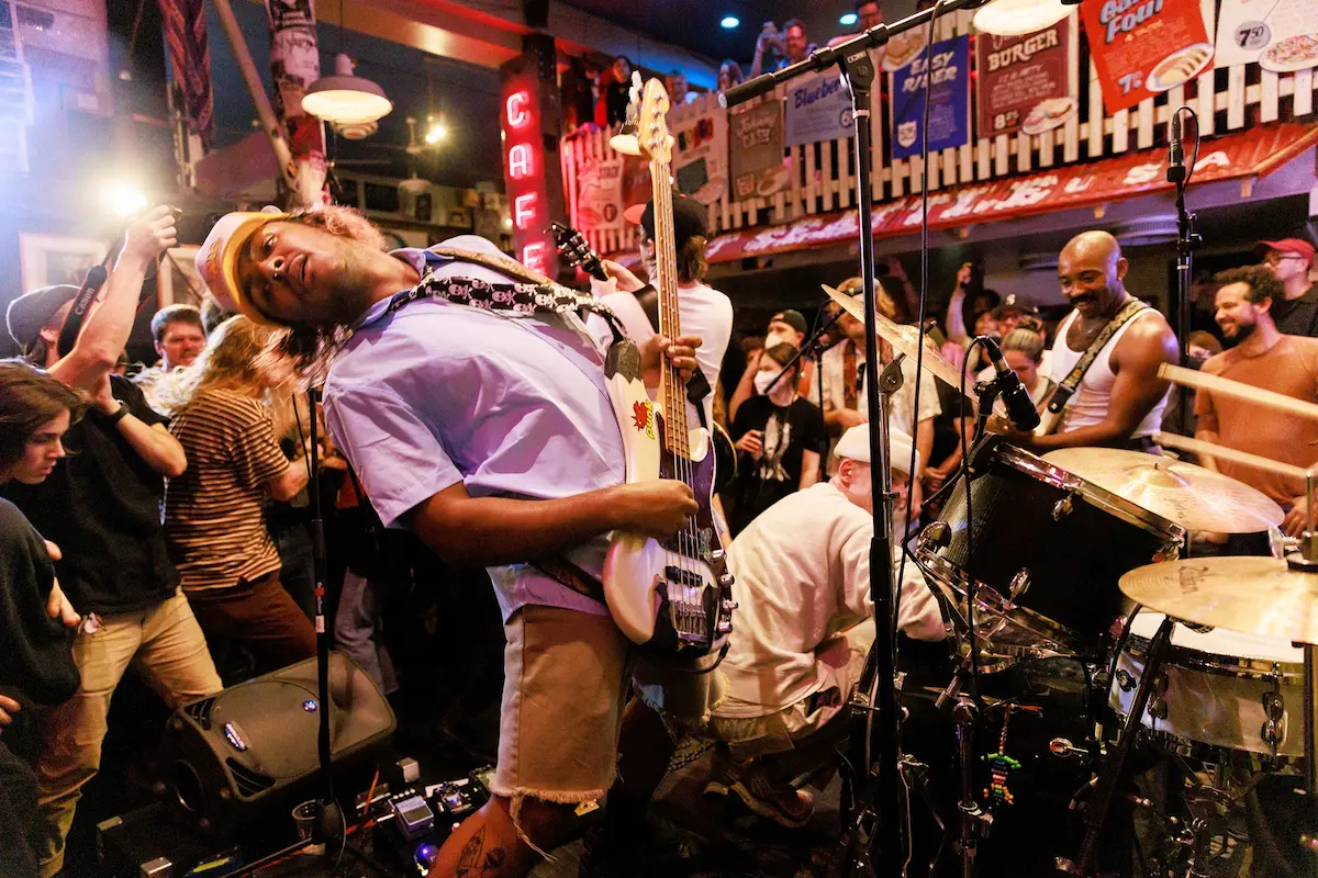 Bassist Eli Edwards, left, and vocalist and guitarist Aramis Johnson, right, of the band Enumclaw play at Easy Street Records in West Seattle. Reporter Michael Rietmulder described Enumclaw as “Washington’s buzziest band,” and it was a treat to see crowds spill into the sidewalk to attend their album-release party.