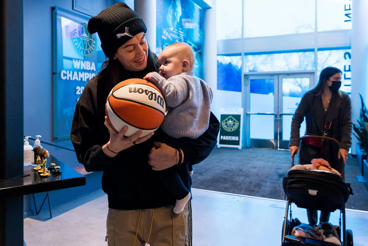 Breanna Stewart of the Seattle Storm holds her daughter, Ruby Mae Stewart Xargay, before a news conference in Seattle. It was touching to hear the Olympic gold medalist and WNBA MVP talk about her journey as a mother. “You have this extra strength where it’s like you go to practice, you come home and you play with Ruby all day,” Stewart says. “You feed her, you love her and you adore her and you’re nonstop. It’s the best thing ever. You have this extra motor that you never knew you had