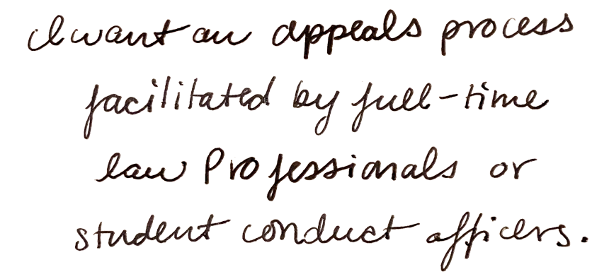 Elena's handwriting "I want an appeals process facilitated by full-time law professionals or student contuct officers."