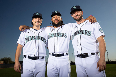 The three veteran Mariners return in search of a title. From left, Marco Gonzales, J.P. Crawford, and Mitch Haniger. The Seattle Mariners spring training camp was held at the Peoria Sports Complex, in Peoria, AZ, March 16, 2022. (Dean Rutz / The Seattle Times)