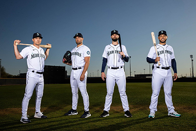 ­The Seattle Mariners greatly added to their roster with the addition of four players. From left, Adam Frazier, Robbie Ray, Jesse Winker and Eugenio Suarez. (Dean Rutz / The Seattle Times)