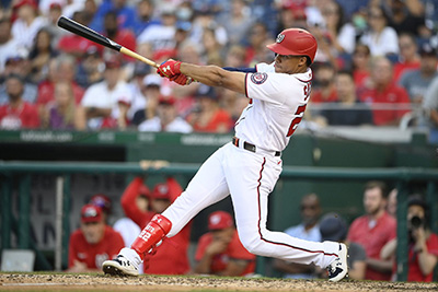 Washington Nationals’ Juan Soto bats during a baseball game against the Boston Red Sox, Sunday, Oct. 3, 2021, in Washington. The Red Sox won 7-5. (Nick Wass / AP)