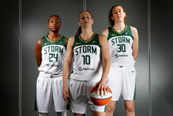 ­Seattle Storm players Jewell Loyd, Sue Bird and Breanna Stewart posse for a portrait Sunday, April 24, in Seattle, Wash. (Jennifer Buchanan / The Seattle Times)